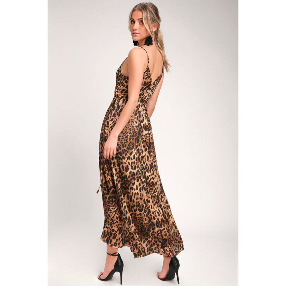 Lulus Wildly Wonderful Leopard Print Satin Maxi Wrap Dress Brown - Size S